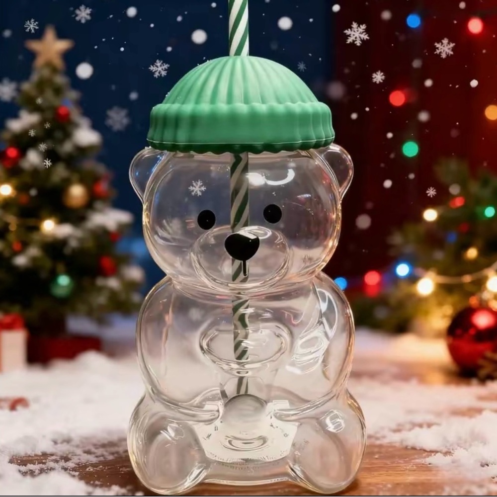 Starbucks Bear Cup with Green Lid and Straw. Non glass
